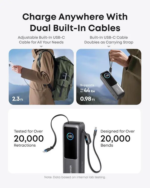 Alt view image 3 of 6 - Anker Laptop Power Bank, 25,000mAh Portable Charger with Triple 100W USB-C Ports for Multi-Device Charging, Built-in and Retractable Cables, for iPhone 16/15 Series, MacBook, Samsung, and More