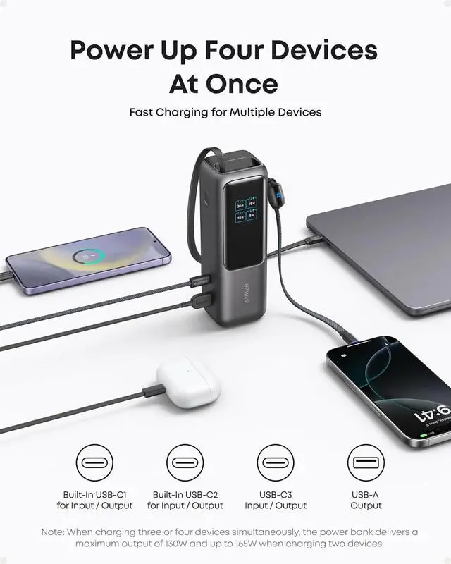 Alt view image 5 of 6 - Anker Laptop Power Bank, 25,000mAh Portable Charger with Triple 100W USB-C Ports for Multi-Device Charging, Built-in and Retractable Cables, for iPhone 16/15 Series, MacBook, Samsung, and More