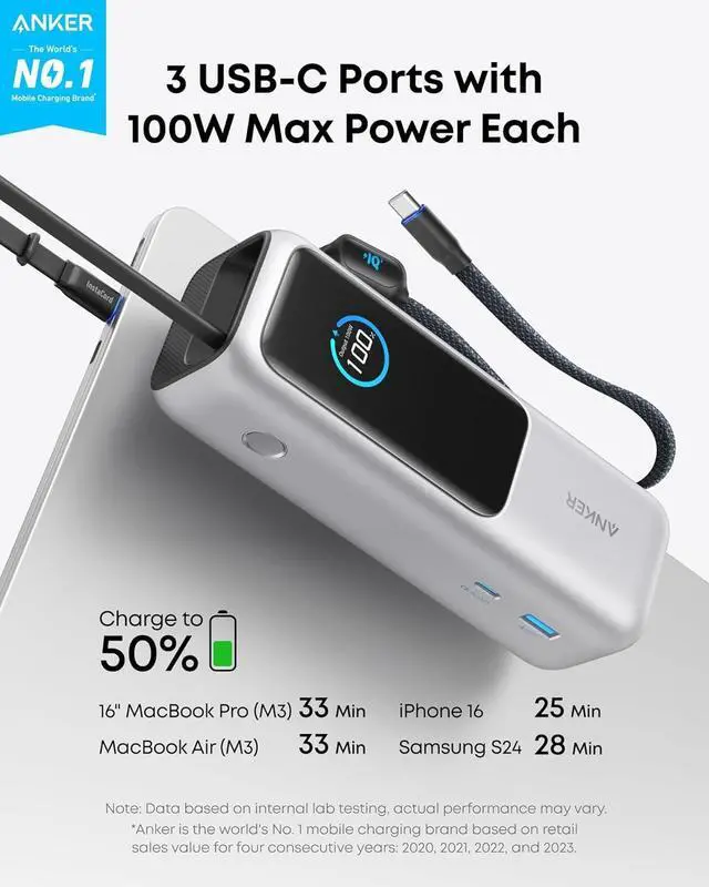 Alt view image 2 of 6 - Anker Laptop Power Bank, 25,000mAh Portable Charger with Triple 100W USB-C Ports for Multi-Device Charging, Built-in and Retractable Cables, for iPhone 16/15 Series, MacBook, Samsung, and More Silver