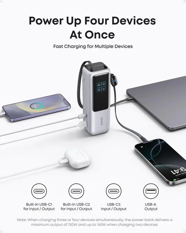 Alt view image 5 of 6 - Anker Laptop Power Bank, 25,000mAh Portable Charger with Triple 100W USB-C Ports for Multi-Device Charging, Built-in and Retractable Cables, for iPhone 16/15 Series, MacBook, Samsung, and More Silver