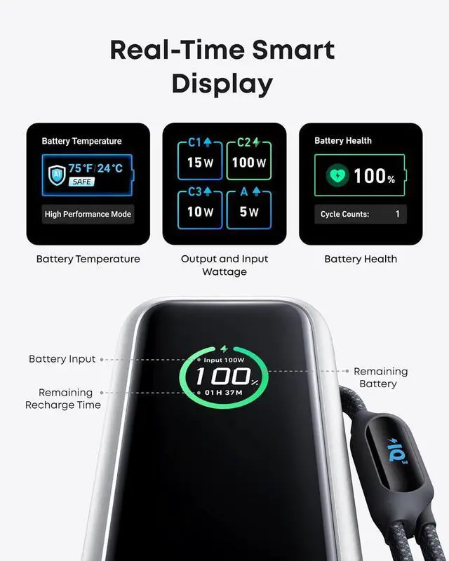 Alt view image 6 of 6 - Anker Laptop Power Bank, 25,000mAh Portable Charger with Triple 100W USB-C Ports for Multi-Device Charging, Built-in and Retractable Cables, for iPhone 16/15 Series, MacBook, Samsung, and More Silver