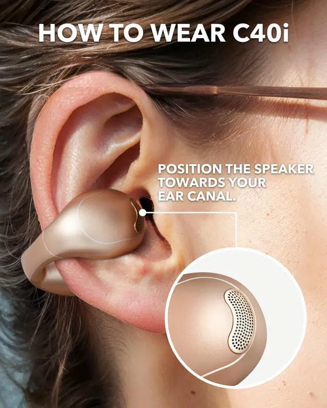 Alt view image 7 of 7 - Anker Soundcore C40i , Open-Ear Earbuds, Clip-On Headphones, Flexible Joint Design, Button Controls, Lightweight Comfort, Stable Fit with Attachable Ear Grips, Expansive Drivers for Clear Sound Gold
