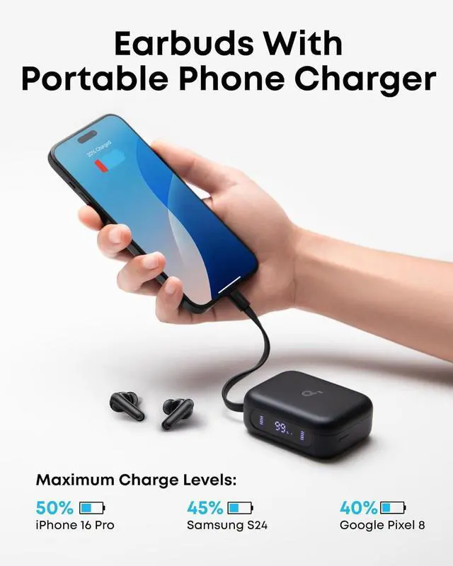 Alt view image 3 of 7 - Soundcore P41i by Anker, Adaptive Noise Cancelling Earbuds with Portable Phone Charger, Only for USB-C Charging, 12H Playtime, 192H with Case, 6-Mic AI Clear Calls, IPX5 Wireless Bluetooth Earbuds