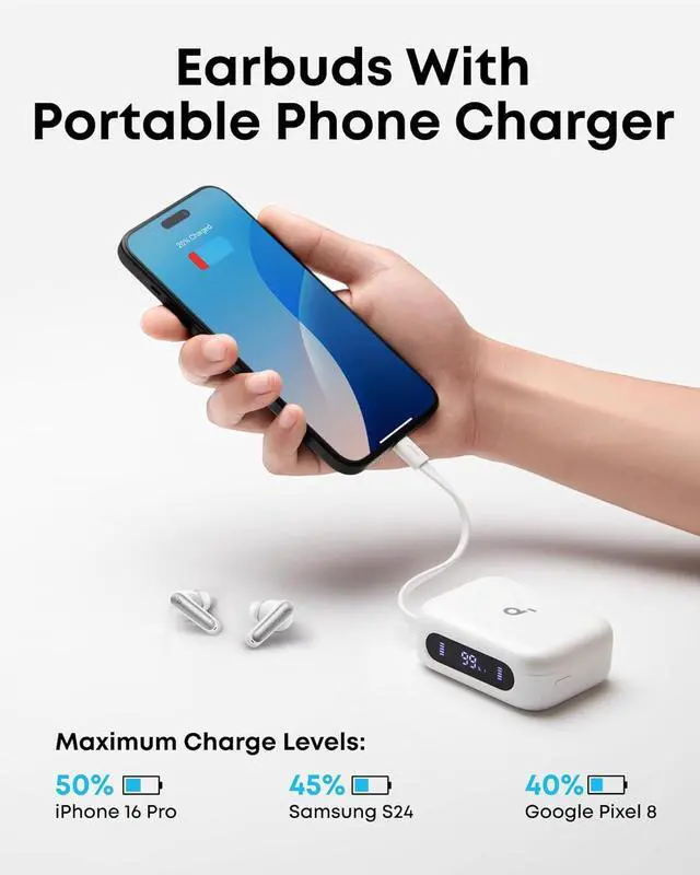 Alt view image 3 of 7 - Soundcore P41i by Anker, Adaptive Noise Cancelling Earbuds with Portable Phone Charger, Only for USB-C Charging, 12H Playtime, 192H with Case, 6-Mic AI Clear Calls, IPX5 Wireless Bluetooth Earbuds