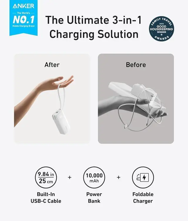 Alt view image 2 of 6 - Anker Nano 3-in-1 Portable iPhone Charger, 10,000mAh Power Bank with Built-in USB-C Cable and Foldable Wall Plug, 30W Max Battery Pack, Travel Essentials for iPhone 16/15 Series, Galaxy, MacBook Pink