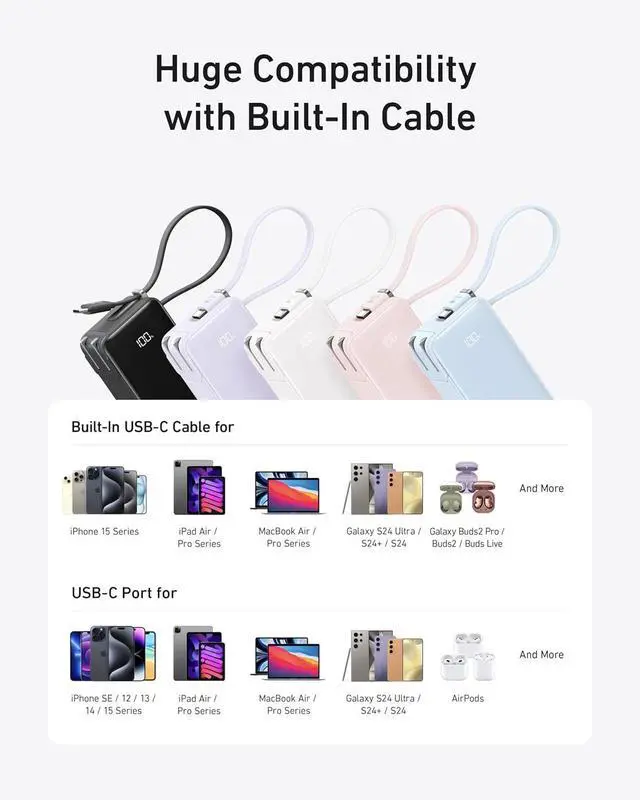Alt view image 6 of 6 - Anker Nano 3-in-1 Portable iPhone Charger, 10,000mAh Power Bank with Built-in USB-C Cable and Foldable Wall Plug, 30W Max Battery Pack, Travel Essentials for iPhone 16/15 Series, Galaxy, MacBook Pink