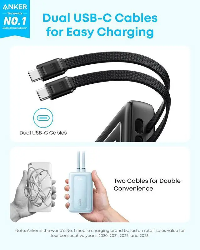 Alt view image 2 of 6 - Anker Zolo Power Bank, 45W Max Fast Charging, 20,000mAh Battery Pack with Dual Built-in USB-C Cables, 1 USB-C&A Port, for iPhone 16/15 Series, Samsung, MacBook, iPad, and More