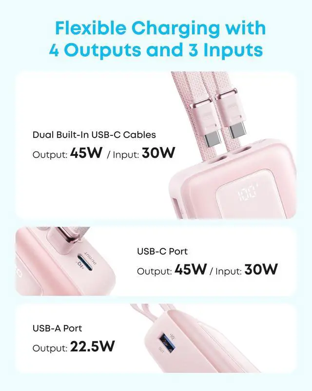 Alt view image 6 of 6 - Anker Zolo Power Bank, 45W Max Fast Charging, 20,000mAh Battery Pack with Dual Built-in USB-C Cables, 1 USB-C&A Port, for iPhone 16/15 Series, Samsung, MacBook, iPad, and More