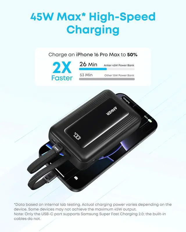 Alt view image 3 of 6 - Anker Zolo Power Bank, 45W Max Fast Charging, 20,000mAh Battery Pack with Dual Built-in USB-C Cables, 1 USB-C&A Port, for iPhone 16/15 Series, Samsung, MacBook, iPad, and More