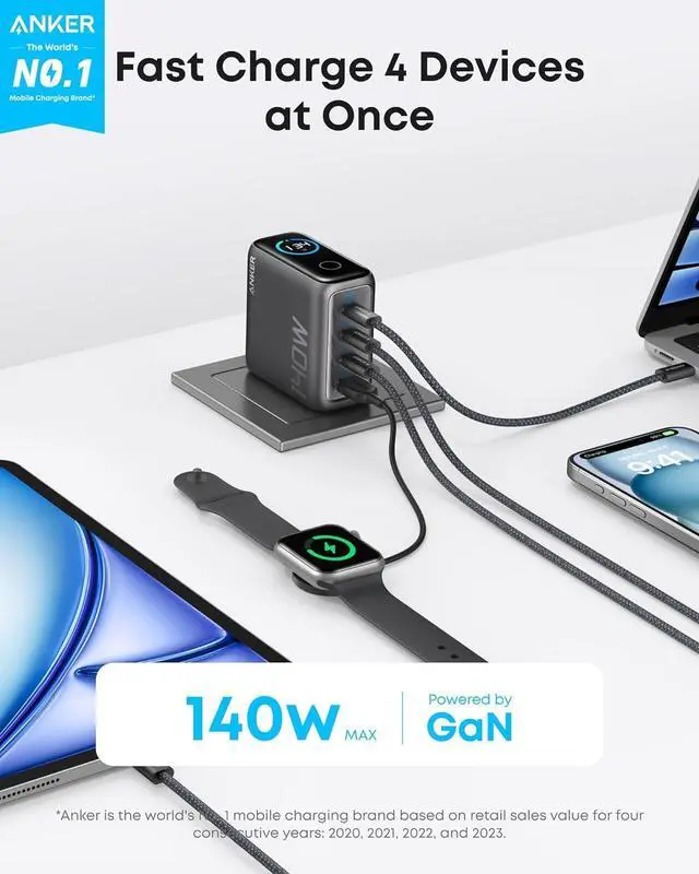 Alt view image 2 of 6 - Anker Laptop Charger, 140W MAX USB C Charger, 4-Port Multi-Device Fast Charging, Advanced GaN Power Adapter, Intuitive Touch Controls, for MacBook, iPhone 16 Series, Samsung Galaxy, Pixel, and More