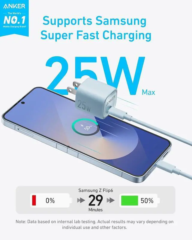 Alt view image 2 of 6 - Anker 25W USB C Charger Block, Compact and Foldable, Supports PPS Fast Charging for Galaxy S24/Z Fold/Z Flip/Tab, iPhone, iPad (Black) Blue