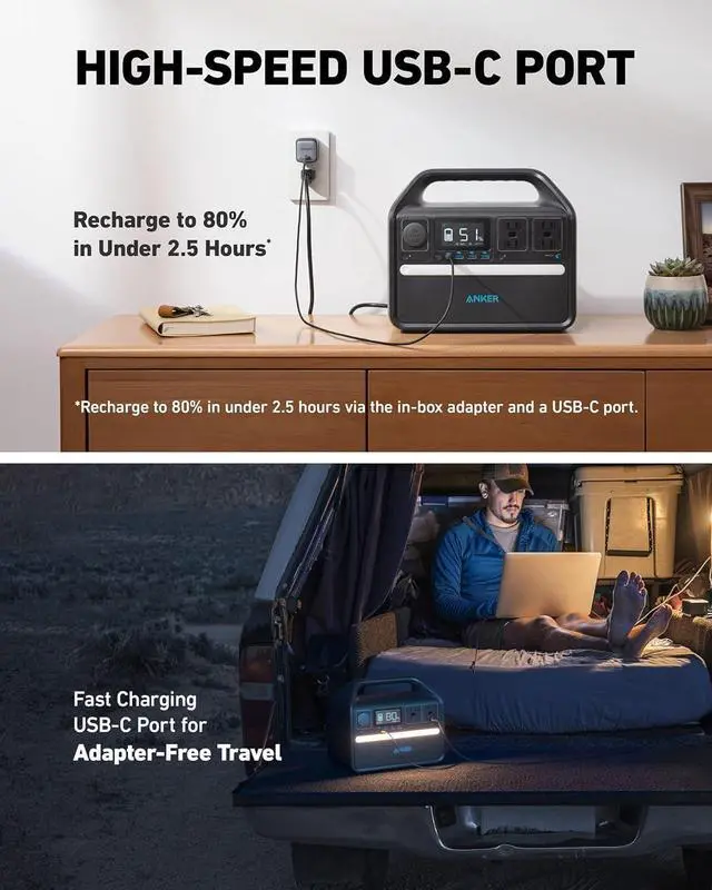 Alt view image 3 of 6 - Anker 535 Portable Power Station, 512Wh Solar Generator (Solar Panel Optional) with LiFePO4 Battery Pack, 500W 9-Port Powerhouse, 4 AC Outlets, 60W USB-C PD Output for Outdoor Camping, RV(Anker Solix)