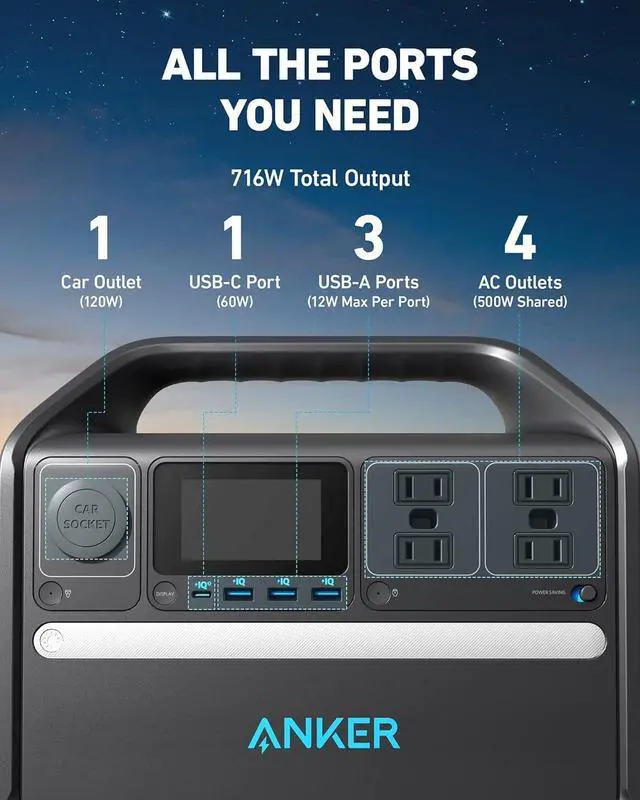 Alt view image 6 of 6 - Anker 535 Portable Power Station, 512Wh Solar Generator (Solar Panel Optional) with LiFePO4 Battery Pack, 500W 9-Port Powerhouse, 4 AC Outlets, 60W USB-C PD Output for Outdoor Camping, RV(Anker Solix)
