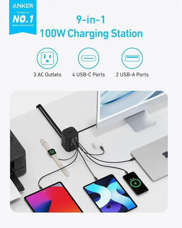 Alt view image 2 of 6 - Anker Charging Station (100W), 9-in-1 USB-C Power Strip with 300J Surge Protection, for iPhone 16 & MacBook, 5 ft Flat Cable and Plug, 4 USB-C and 2 USB-A Ports, 3 AC Outlets, for Home, Office