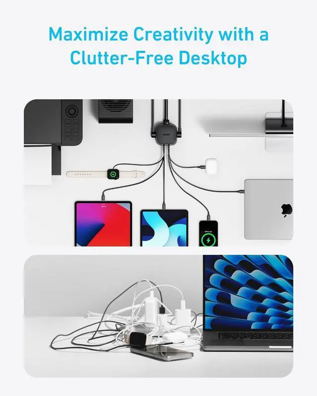 Alt view image 6 of 6 - Anker Charging Station (100W), 9-in-1 USB-C Power Strip with 300J Surge Protection, for iPhone 16 & MacBook, 5 ft Flat Cable and Plug, 4 USB-C and 2 USB-A Ports, 3 AC Outlets, for Home, Office