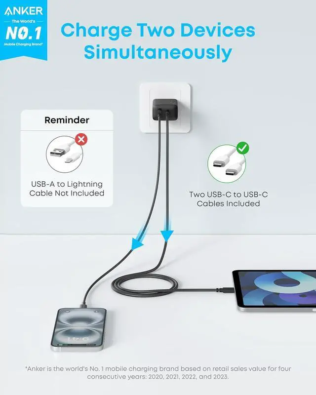 Alt view image 2 of 7 - Anker iPhone 16 Charger, 2-Pack 20W Fast USB C Charger Block, for iPhone 16/16 Pro Max/15 Series/iPad Pro and More (Black, 2 Pack & 2 Cable)