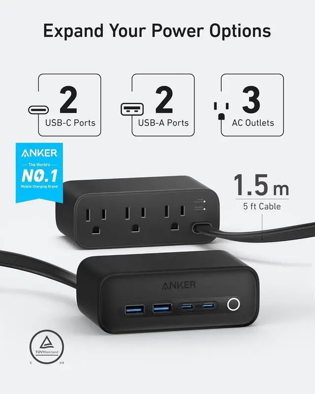 Alt view image 2 of 7 - Anker 525 Charging Station, 5 ft Thin Cord and Flat Plug, 7-in-1 USB-C Power Strip for iPhone 16/15, 3 AC, 2 USB-A, 2 USB-C,65W Power Delivery Desktop Accessory for MacBook Pro,Office