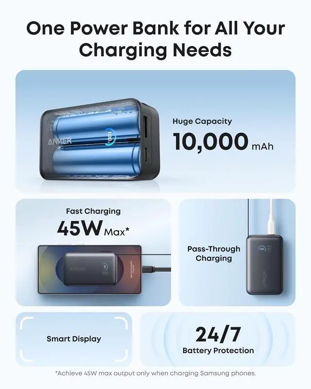 Alt view image 3 of 6 - Anker Nano Power Bank, 10,000mAh Portable Charger with 2.3 ft InstaCord Retractable Cable, 45W Max Compact Battery Pack, Smart Display, for iPhone 16 / 15 Series, iPad, Galaxy, Pixel, and More