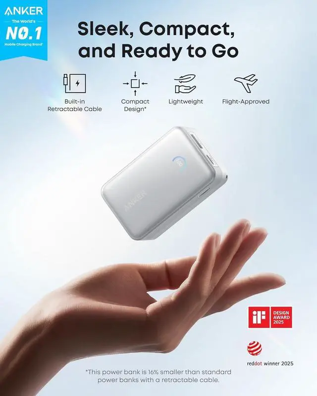 Alt view image 2 of 6 - Anker Nano Power Bank, 10,000mAh Portable Charger with 2.3 ft InstaCord Retractable Cable, 45W Max Compact Battery Pack, Smart Display, for iPhone 16 / 15 Series, iPad, Galaxy, Pixel, and More White