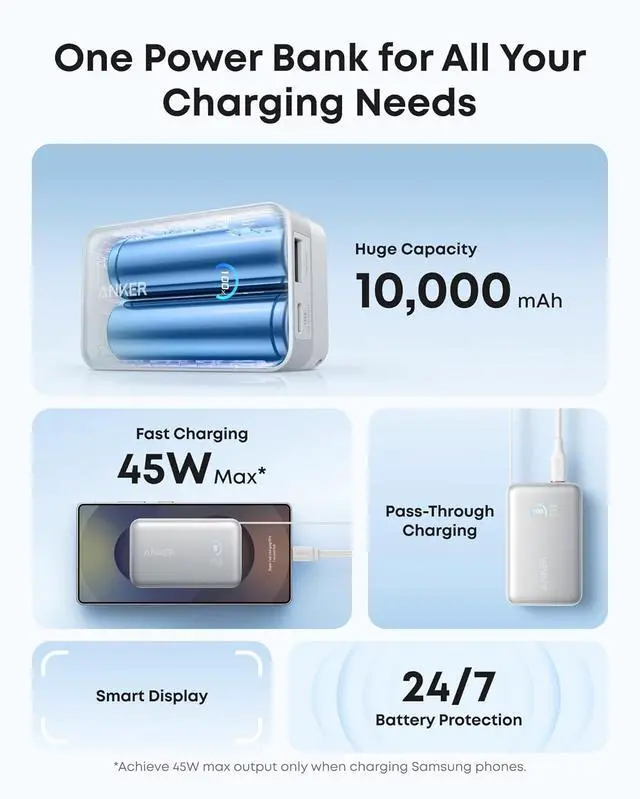 Alt view image 3 of 6 - Anker Nano Power Bank, 10,000mAh Portable Charger with 2.3 ft InstaCord Retractable Cable, 45W Max Compact Battery Pack, Smart Display, for iPhone 16 / 15 Series, iPad, Galaxy, Pixel, and More White