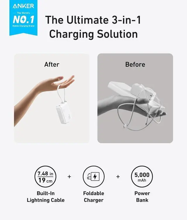 Alt view image 2 of 6 - ANKER 3-in-1 Power Bank, 5,000mAh Portable Charger with Built-in Lightning Cable and Foldable AC Plug, 30W Max Compact Battery Pack, for iPhone 14 Series, Galaxy, MacBook, and More White