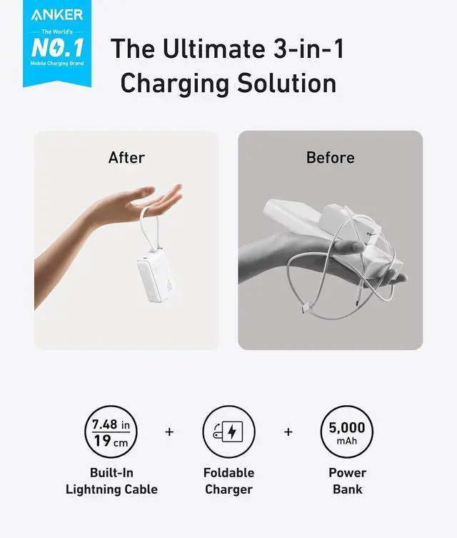 Alt view image 2 of 6 - ANKER 3-in-1 Power Bank, 5,000mAh Portable Charger with Built-in Lightning Cable and Foldable AC Plug, 30W Max Compact Battery Pack, for iPhone 14 Series, Galaxy, MacBook, and More Blue