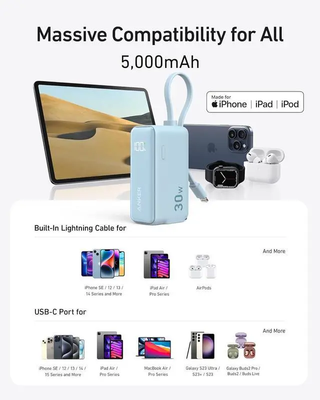 Alt view image 6 of 6 - ANKER 3-in-1 Power Bank, 5,000mAh Portable Charger with Built-in Lightning Cable and Foldable AC Plug, 30W Max Compact Battery Pack, for iPhone 14 Series, Galaxy, MacBook, and More Blue