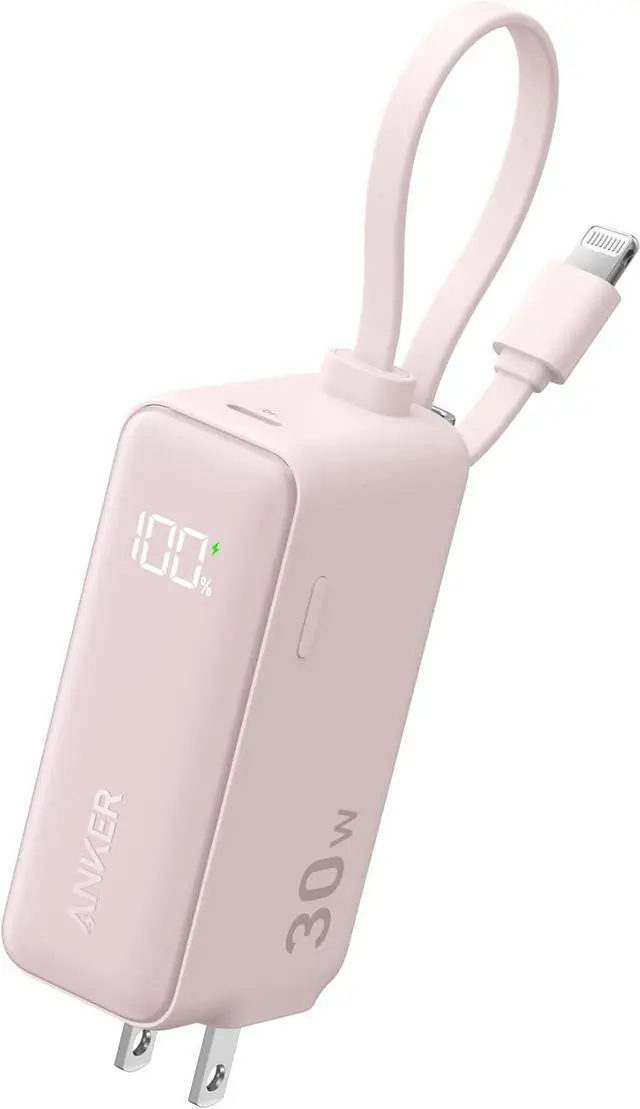Main image of ANKER 3-in-1 Power Bank, 5,000mAh Portable Charger with Built-in Lightning Cable and Foldable AC Plug, 30W Max Compact Battery Pack, for iPhone 14 Series, Galaxy, MacBook, and More Pink