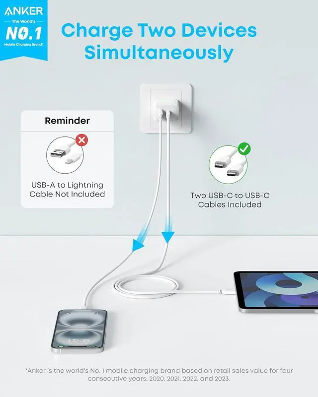 Alt view image 2 of 6 - Anker iPhone 16 Charger, 2-Pack 20W Fast USB C Charger Block, for iPhone 16/16 Pro Max/15 Series/iPad Pro and More (White, 2 Pack & 2 Cable)