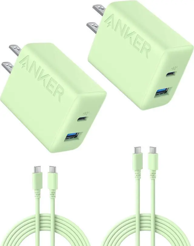 Main image of Anker iPhone 16 Charger, 2-Pack 20W Fast USB C Charger Block, for iPhone 16/16 Pro Max/15 Series/iPad Pro and More (White, 2 Pack & 2 Cable) Green