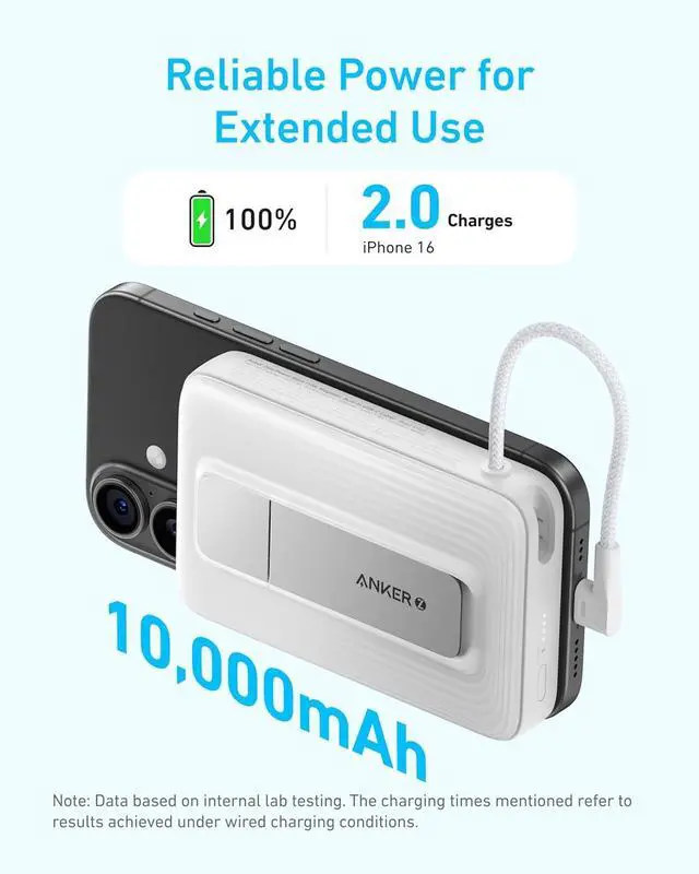 Alt view image 3 of 6 - Anker Zolo Magnetic Power Bank, 10,000mAh Wireless Portable Charger with 30W Max Fast Charging, Battery Pack with Built-in USB-C Cable and Adjustable Stand, for iPhone 16/15 Series, AirPods, and More
