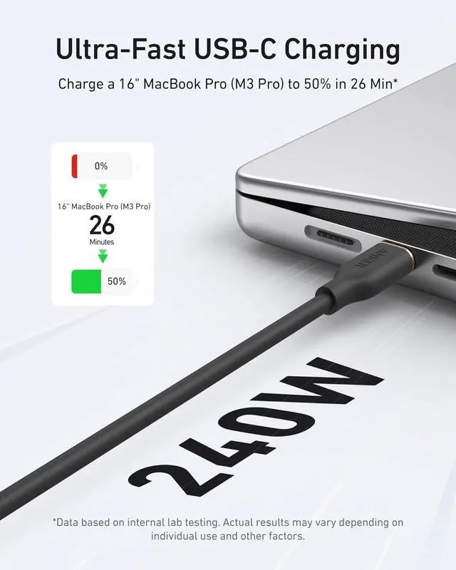Alt view image 5 of 6 - Anker USB C Cable, Type C Fast Charging Flow Cord for iPhone 1716/15 Series, MacBook Pro 2020, and More (USB 2.0,240W, 1 Pack, Black, 3FT)