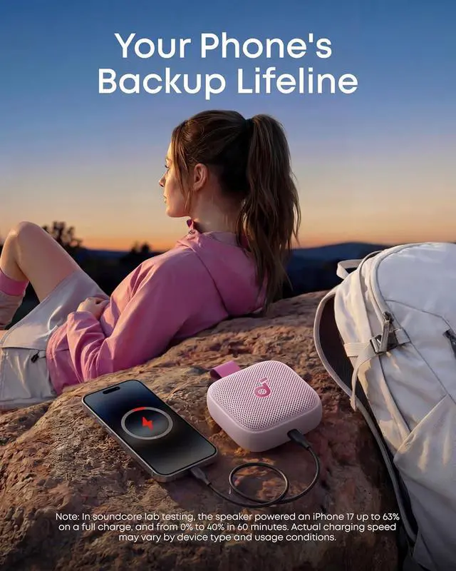 Alt view image 6 of 6 - Soundcore Boom Go 3i Portable Bluetooth Speaker by Anker, 15W Punchy Sound, 24H Playtime, IP68, BassUp 2.0, Emergency Charging, Bluetooth 6.0, Waterproof Speaker for Hiking/Cycling/Camping (Pink)
