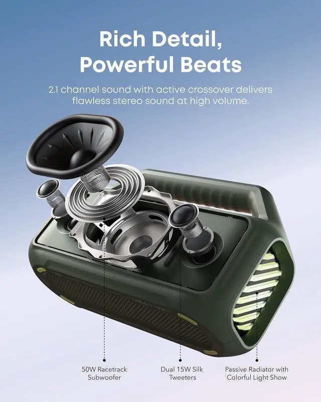 Alt view image 3 of 6 - Soundcore Boom 2 by Anker, Outdoor Speaker, 80W, Subwoofer, 24H Playtime, IPX7 Waterproof, Floatable, Rgb Lights, Green