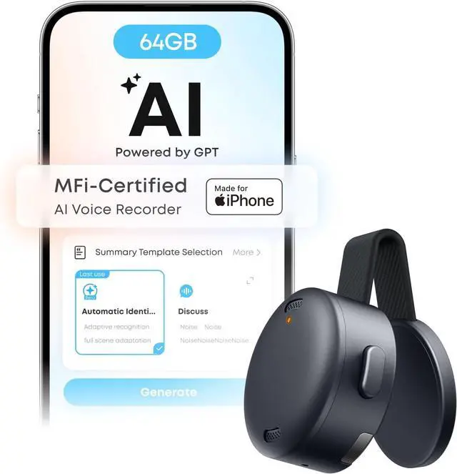 Main image of Soundcore Work AI Voice Recorder by Anker, Wearable Note Taker for Meetings, Transcribe and Summarize (300 Mins/Mo Included, Optional App Upgrades), MFi Certified, 64GB, 150+ Languages