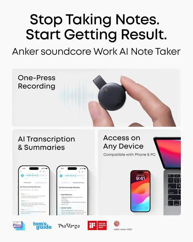 Alt view image 2 of 7 - Soundcore Work AI Voice Recorder by Anker, Wearable Note Taker for Meetings, Transcribe and Summarize (300 Mins/Mo Included, Optional App Upgrades), MFi Certified, 64GB, 150+ Languages