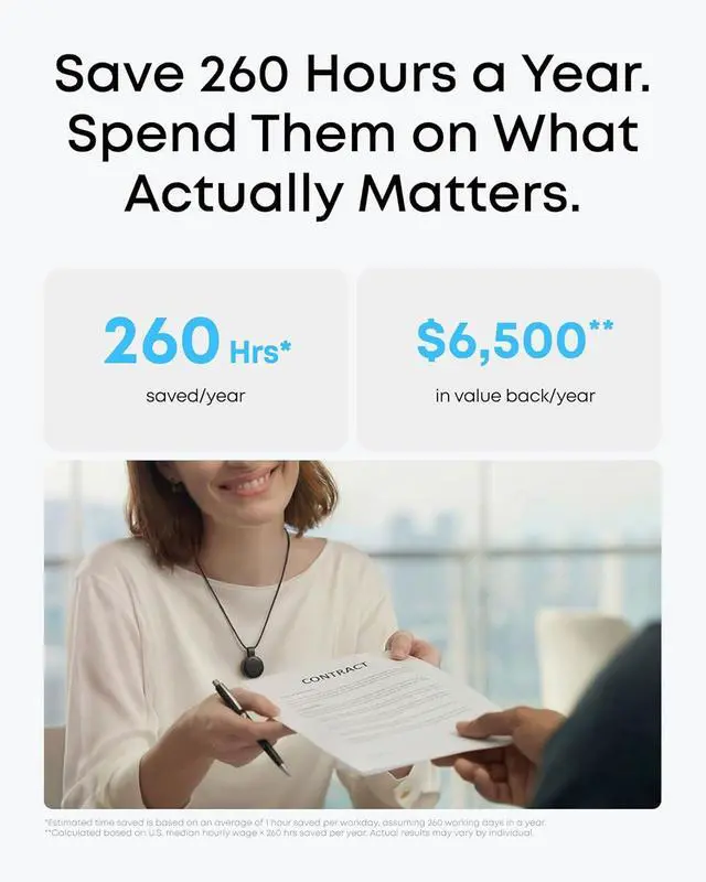 Alt view image 3 of 7 - Soundcore Work AI Voice Recorder by Anker, Wearable Note Taker for Meetings, Transcribe and Summarize (300 Mins/Mo Included, Optional App Upgrades), MFi Certified, 64GB, 150+ Languages