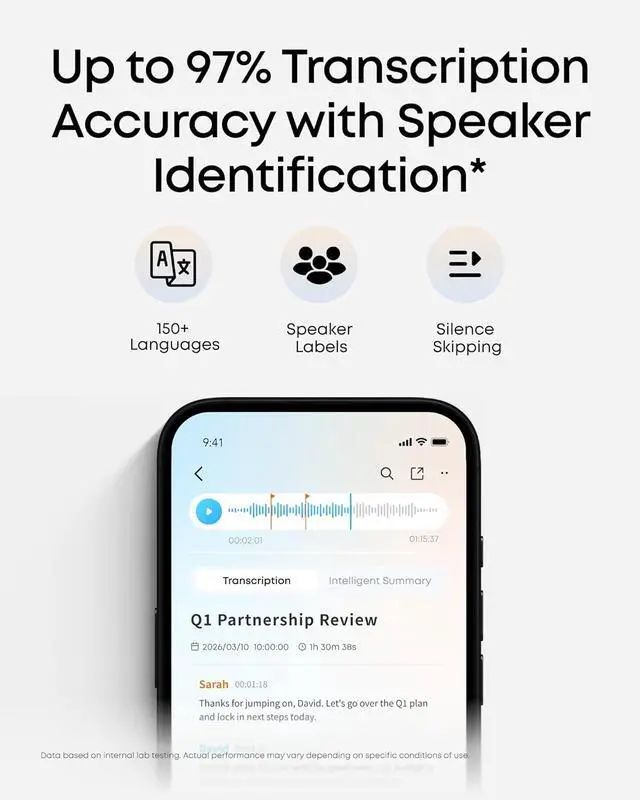 Alt view image 6 of 7 - Soundcore Work AI Voice Recorder by Anker, Wearable Note Taker for Meetings, Transcribe and Summarize (300 Mins/Mo Included, Optional App Upgrades), MFi Certified, 64GB, 150+ Languages