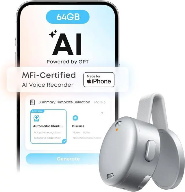 Main image of Soundcore Work AI Voice Recorder by Anker, Wearable Note Taker for Meetings, Transcribe and Summarize (300 Mins/Mo Included, Optional App Upgrades), MFi Certified, 64GB, 150+ Languages