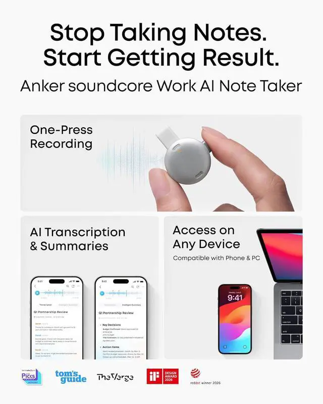 Alt view image 2 of 7 - Soundcore Work AI Voice Recorder by Anker, Wearable Note Taker for Meetings, Transcribe and Summarize (300 Mins/Mo Included, Optional App Upgrades), MFi Certified, 64GB, 150+ Languages