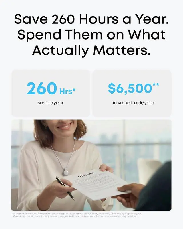 Alt view image 3 of 7 - Soundcore Work AI Voice Recorder by Anker, Wearable Note Taker for Meetings, Transcribe and Summarize (300 Mins/Mo Included, Optional App Upgrades), MFi Certified, 64GB, 150+ Languages