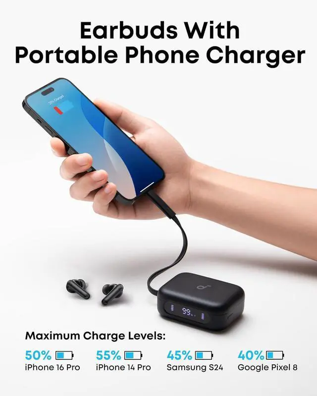 Alt view image 2 of 7 - Soundcore P41i by Anker, Adaptive Noise Cancelling Earbuds with Portable Phone Charger and Built-in Lightning Adapter, 12H Playtime, 192H with Case, 6-Mic AI Clear Calls, IPX5