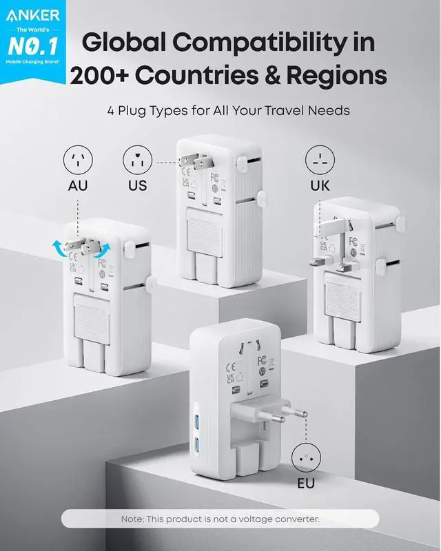 Alt view image 2 of 6 - Anker Nano Travel Adapter, 5-Port Power Adapter with 2× USB-C, 2× USB-A, 1× 2-Pin AC Socket, Smart Temperature Control, Works in 200+ Countries, Not a Voltage Converter, Compact for Travel (1-Pack)