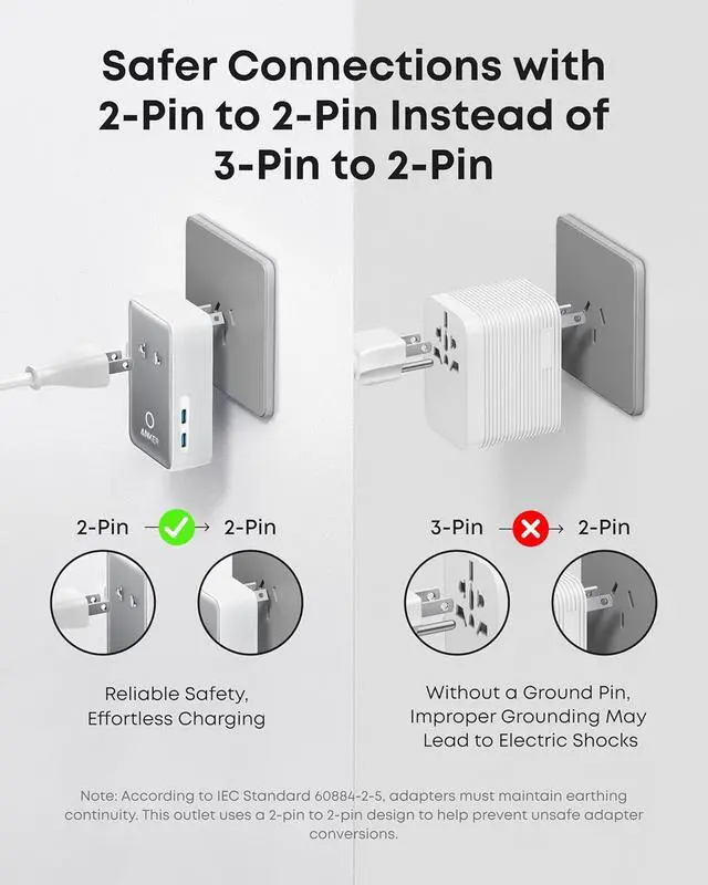 Alt view image 5 of 6 - Anker Nano Travel Adapter, 5-Port Power Adapter with 2× USB-C, 2× USB-A, 1× 2-Pin AC Socket, Smart Temperature Control, Works in 200+ Countries, Not a Voltage Converter, Compact for Travel (1-Pack)