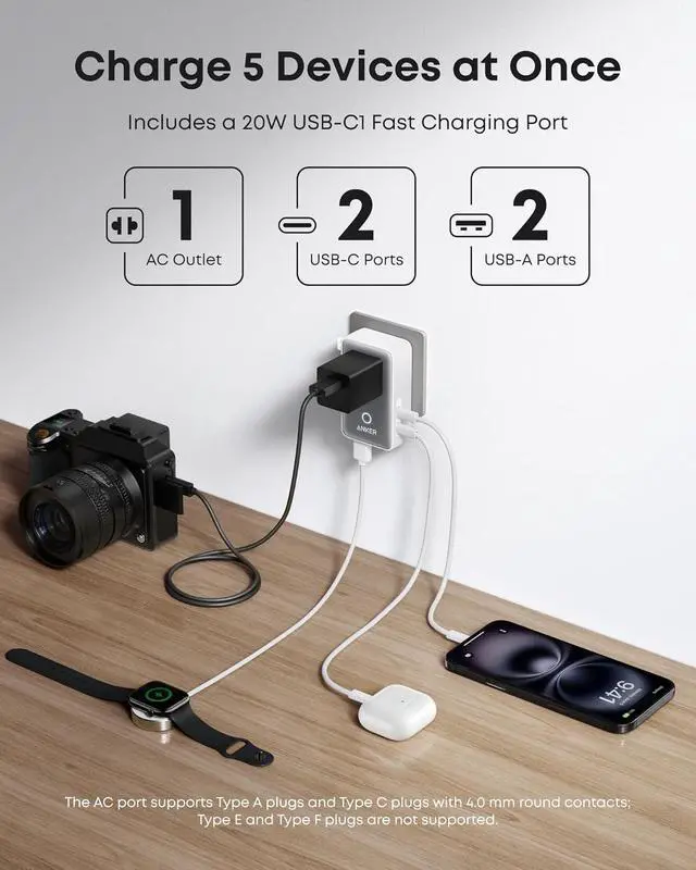 Alt view image 3 of 6 - Anker Nano Travel Adapter, 5-Port Power Adapter with 2× USB-C, 2× USB-A, 1× 2-Pin AC Socket, Smart Temperature Control, Works in 200+ Countries, Not a Voltage Converter, Compact for Travel (1-Pack)