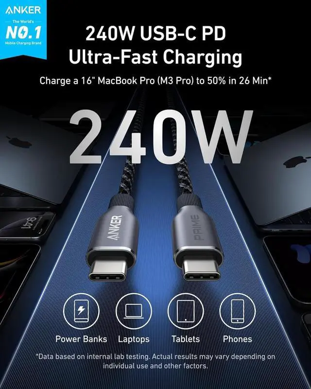 Alt view image 2 of 6 - Anker Prime USB C to USB C Cable, 240W Fast Charging Durable Cable (6 ft) | USB 2.0 Upcycled Braided Nylon, 100-Year Bend Durability for iPhone 17 / 17 Pro / 17 Pro Max, MacBook, Galaxy, and More