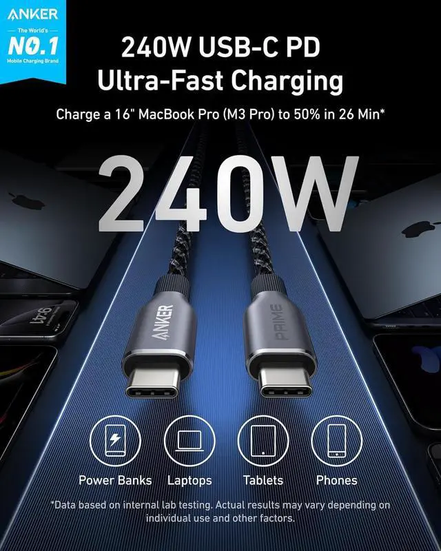 Alt view image 2 of 6 - Anker Prime USB C to USB C Cable, 240W Fast Charging Durable Cable (1 ft) | USB 2.0 Upcycled Braided Nylon, 100-Year Bend Durability for iPhone 17 / 17 Pro / 17 Pro Max, MacBook, Galaxy, and More