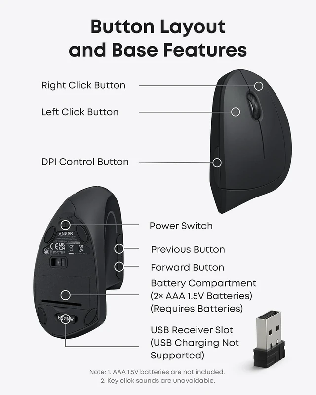 Alt view image 6 of 7 - Anker 2.4G Wireless Ergonomic Mouse, Right Hand Vertical Mouse USB Receiver