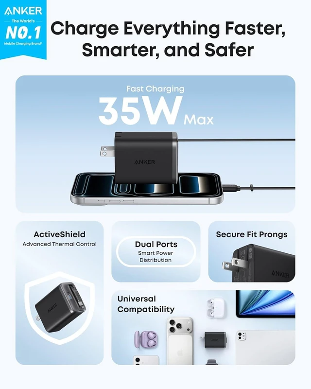 Alt view image 2 of 6 - Anker Nano Retractable USB C Charger Block, Compact 35W Phone Charger
