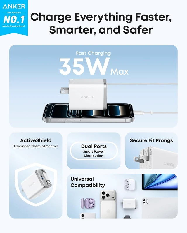 Alt view image 2 of 6 - Anker Nano Retractable USB C Charger Block, Compact 35W Phone Charger